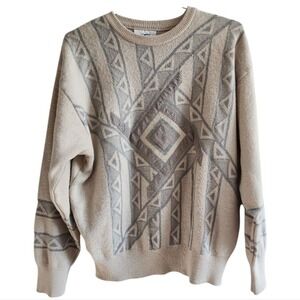 Vtg Gabicci Geometric Sweater Mens Large Tan Vintage Retro Made in Italy Grandpa